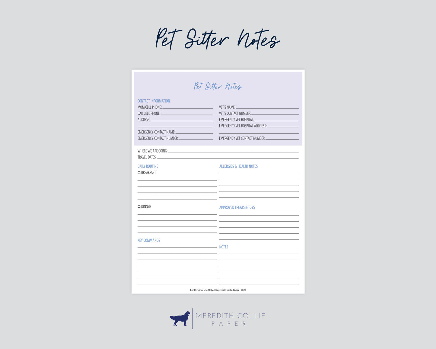 pet sitter notes digital download, Meredith Collie paper