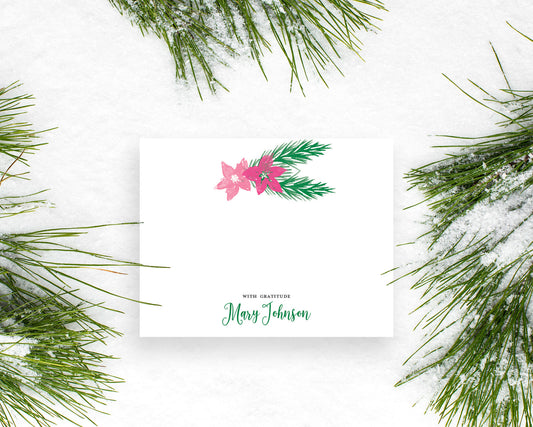 Personalized Christmas Poinsettia and Holly Leaves Holiday Thank You Notes
