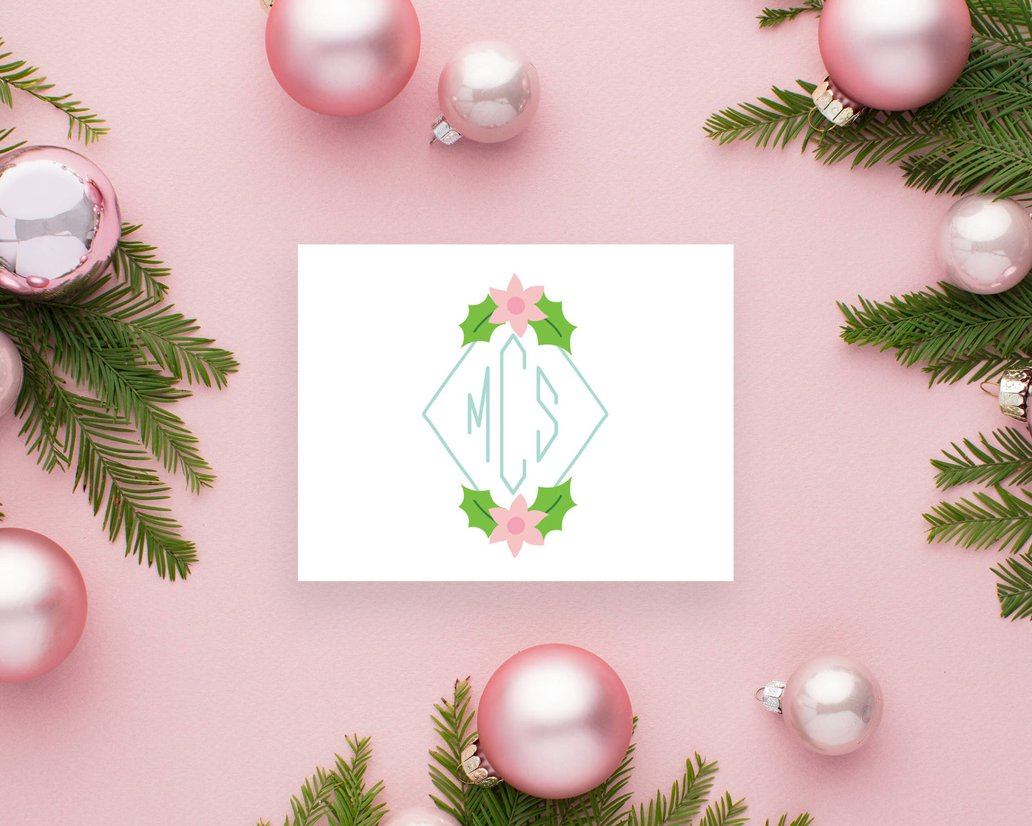 Diamond Christmas Poinsettia Holiday Monogram Folded Stationery