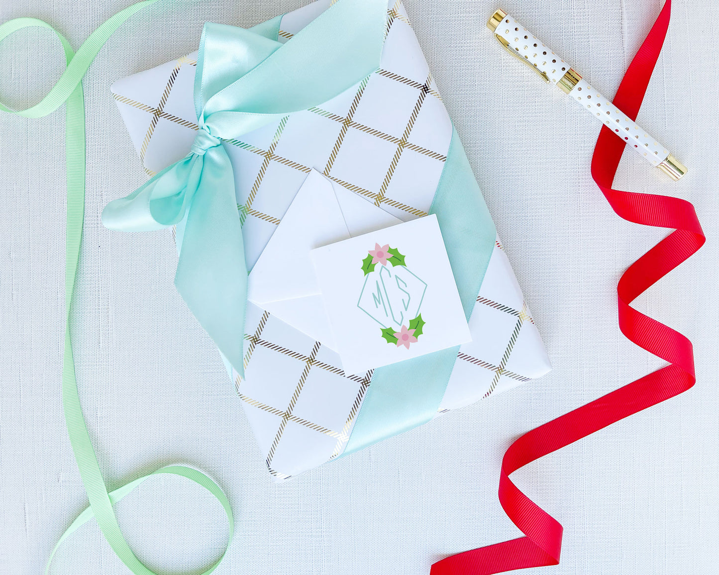 Diamond Christmas Poinsettia Holiday Monogram Folded Enclosure Cards