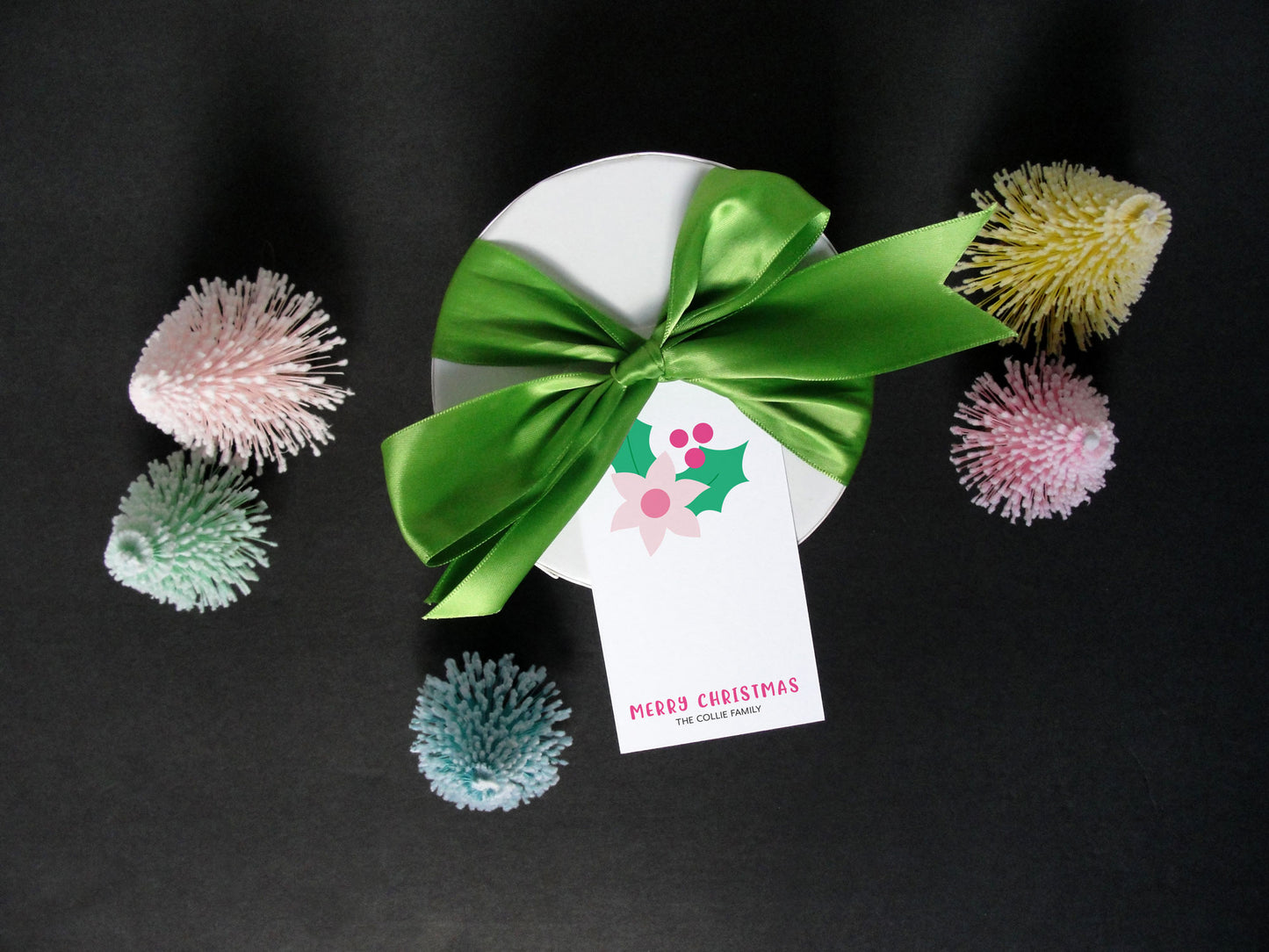 Personalized Pink Poinsettia and Holly Leaves Christmas Holiday Gift Tags