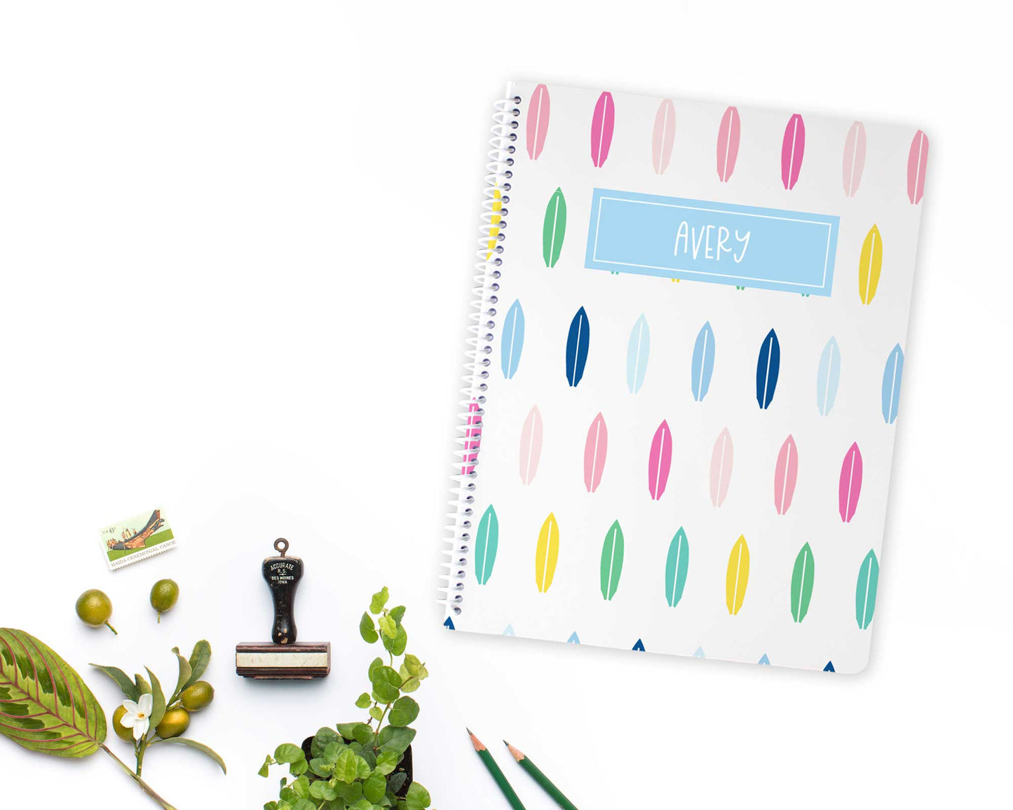 simple rainbow surfboard pattern, personalized spiral notebook, sketchbook, mini notebook, mini sketchbook, Meredith Collie paper