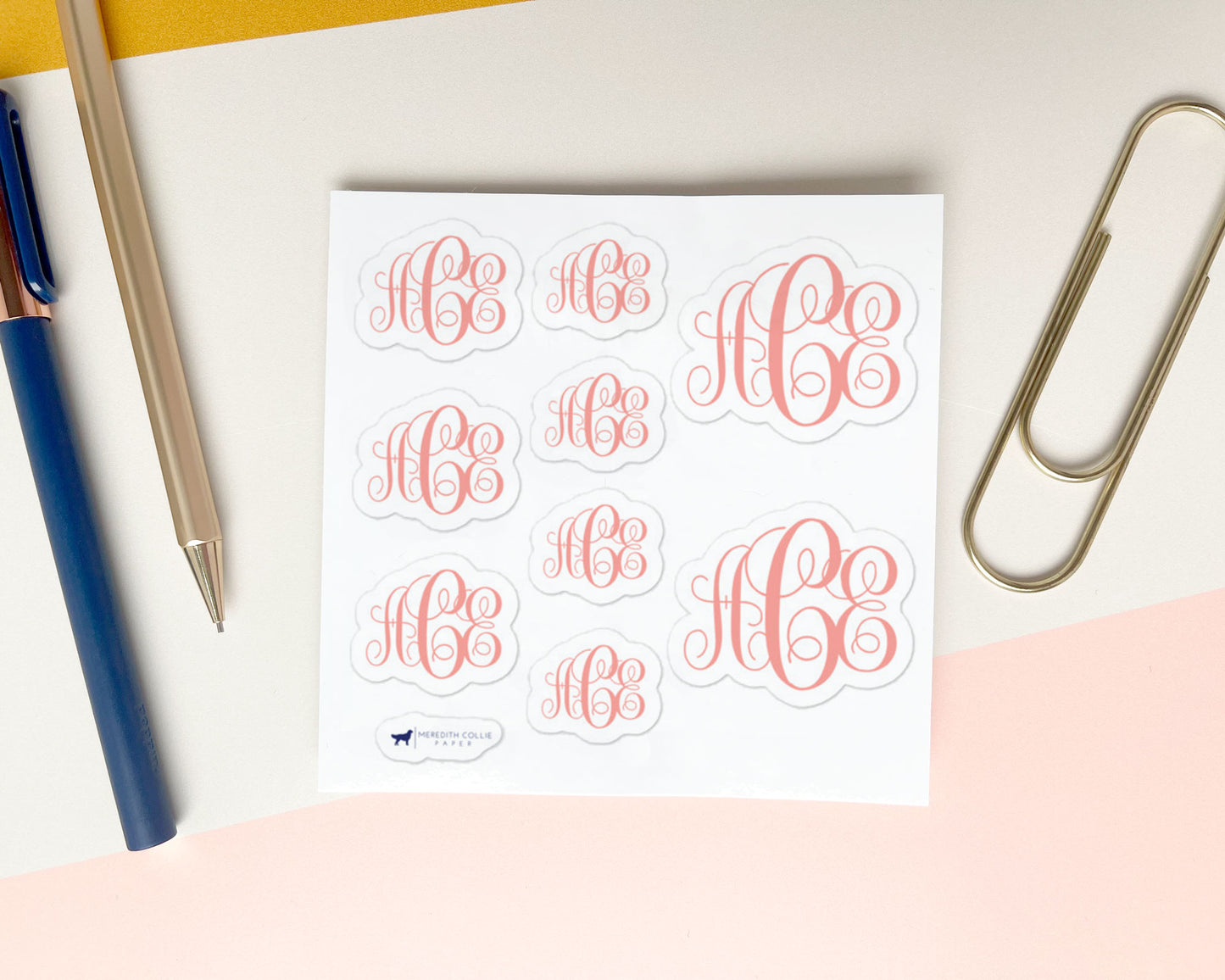 monogram vinyl stickers, meredith collie paper, multiple sizes, script monogram