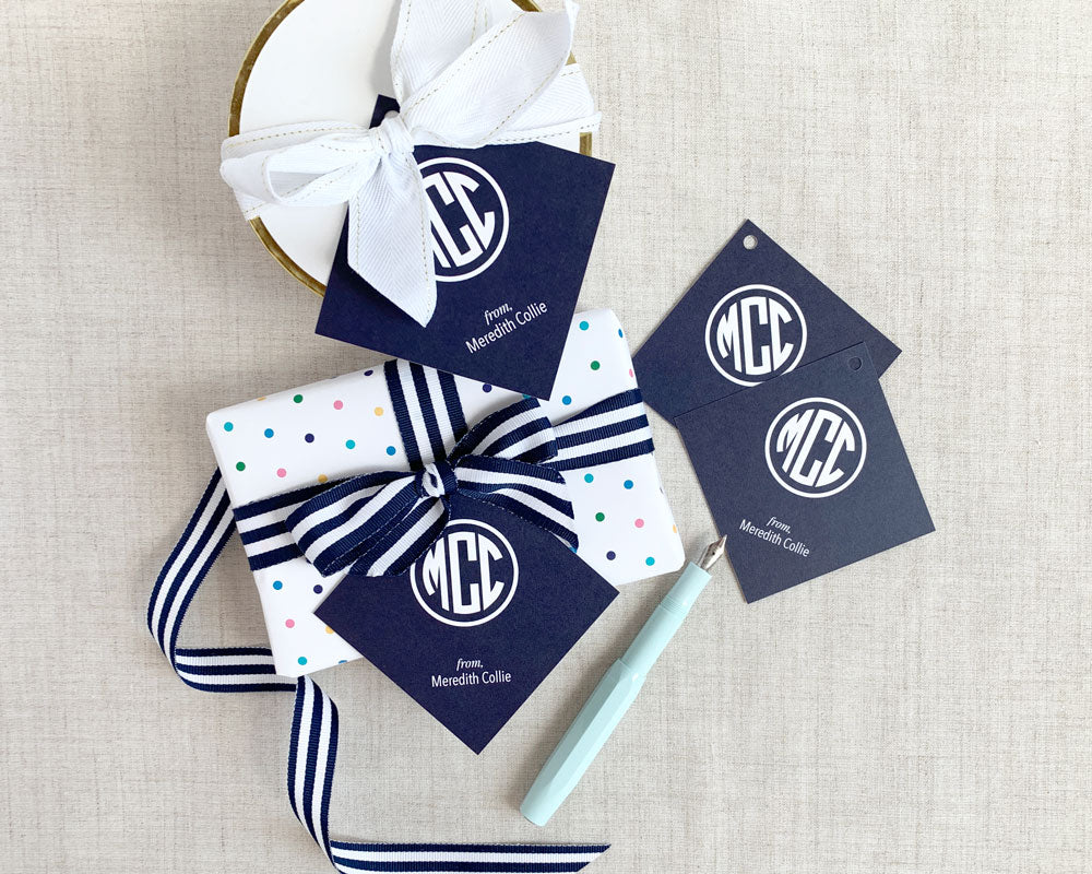 Large square monogram gift tags, solid background with white monogram, meredith collie paper