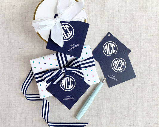 Large square monogram gift tags, solid background with white monogram, meredith collie paper