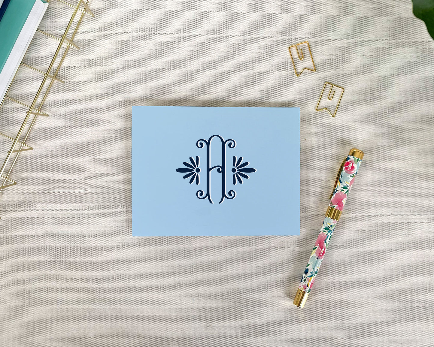 elegant single initial monogram, solid background, personalized stationery, folded note card set, meredith collie paper