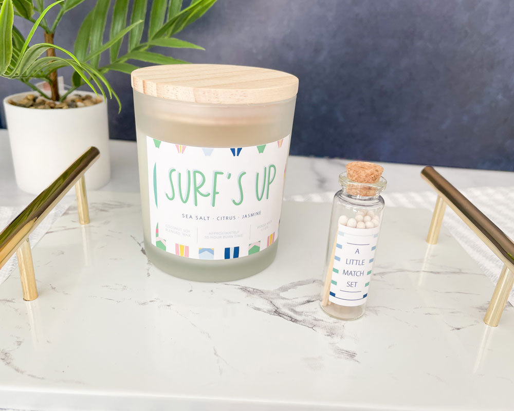 surfs up sea salt citrus jasmine soy wax candle, frosted glass vessel, wood top, candle matchstick gift set, Meredith Collie paper