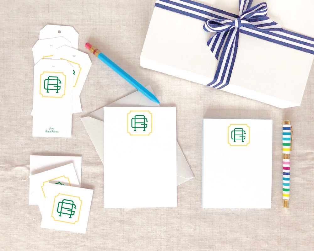 Two Color Greek Monogram Flat Stationery Gift Set