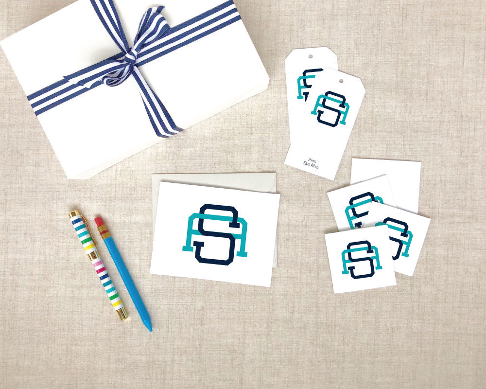 Two Color Interlocking Monogram Folded Stationery Gift Set