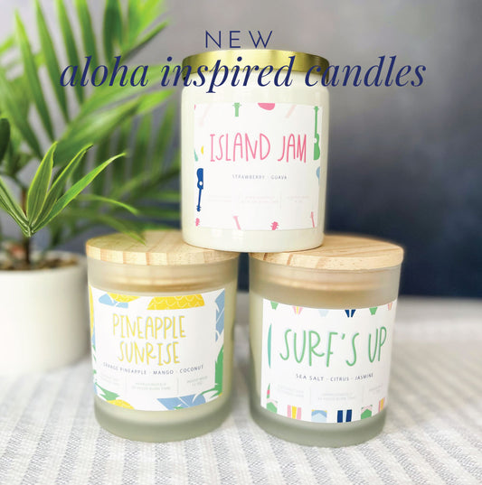 new coconut soy wax candles, three candles, island jam, strawberry guava scent, pineapple sunrise, orange pineapple scent, surf's up, sea salt citrus scent, modern aloha collection, meredith collie paper