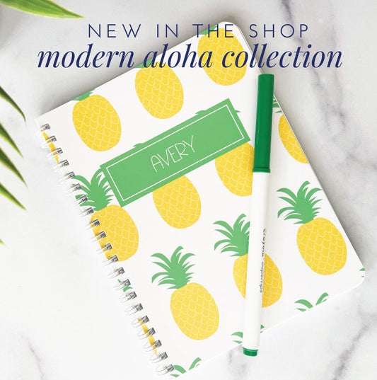 modern aloha collection launch, preppy pineapple notebook or sketchbook, meredith collie paper