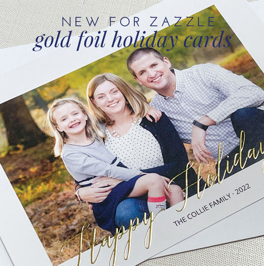 gold foil holiday photo cards, meredith collie paper for zazzle, christmas cards
