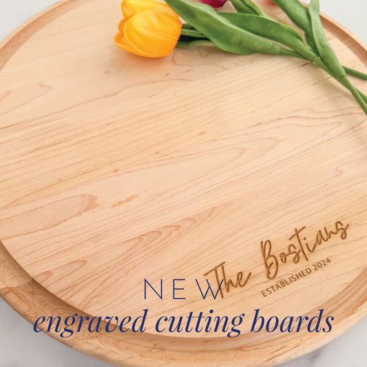 personalized engraved cutting boards, round maple with groove, new product