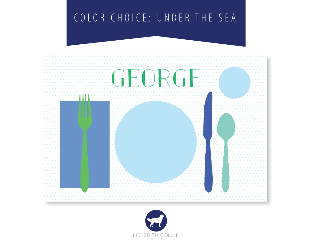 set the table personalized placemat, shades of blue and green