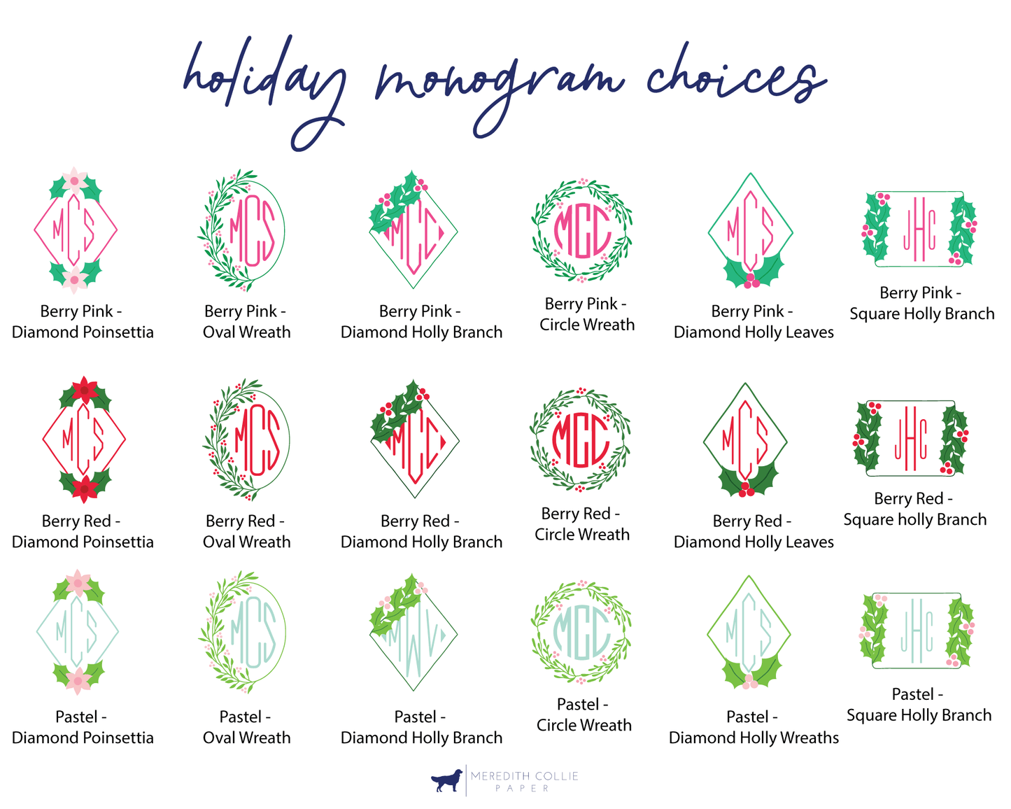 holiday monogram choices, holly monograms, floral monograms, three initial monograms, Christmas monograms