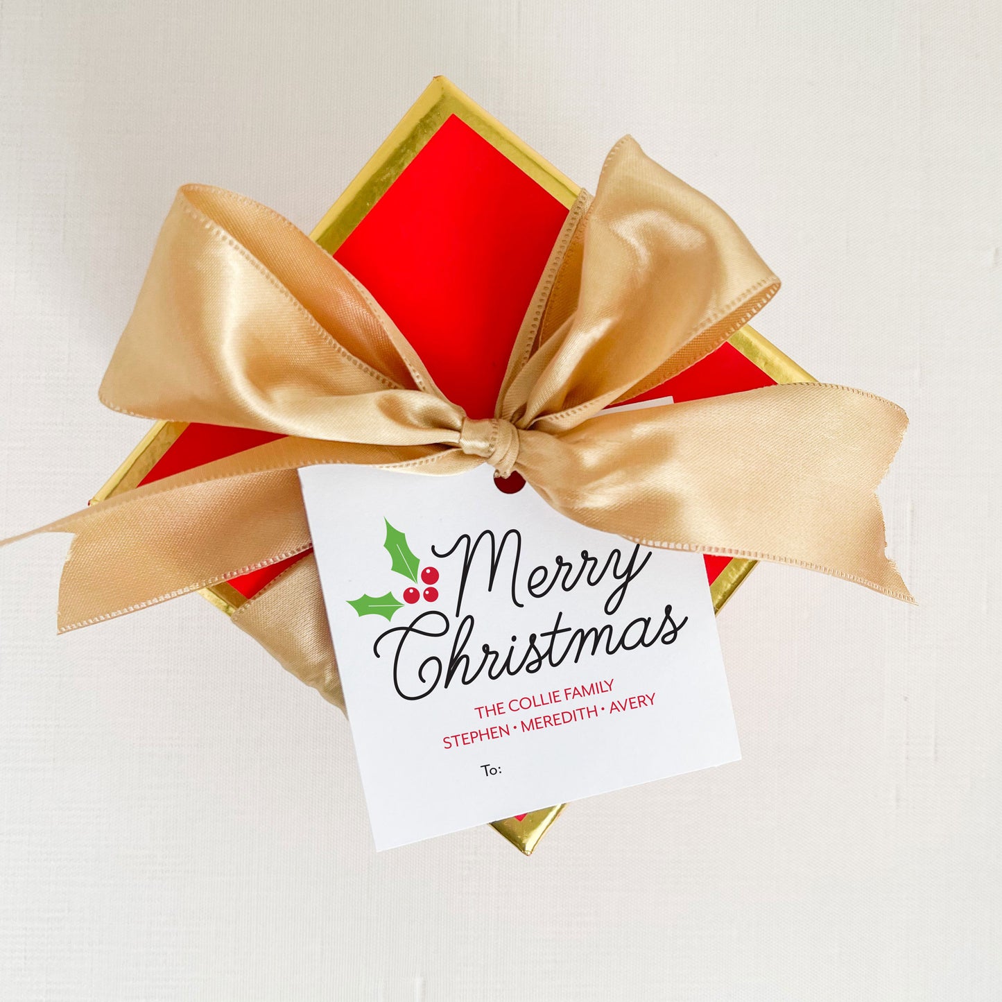 Elegant script Merry Christmas, personalized holiday gift tags, square, holly leaves with red berries