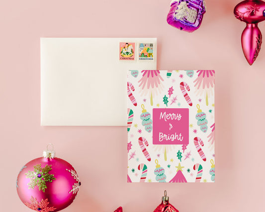 Merry and Bright Pink Christmas Tree Greeting Card