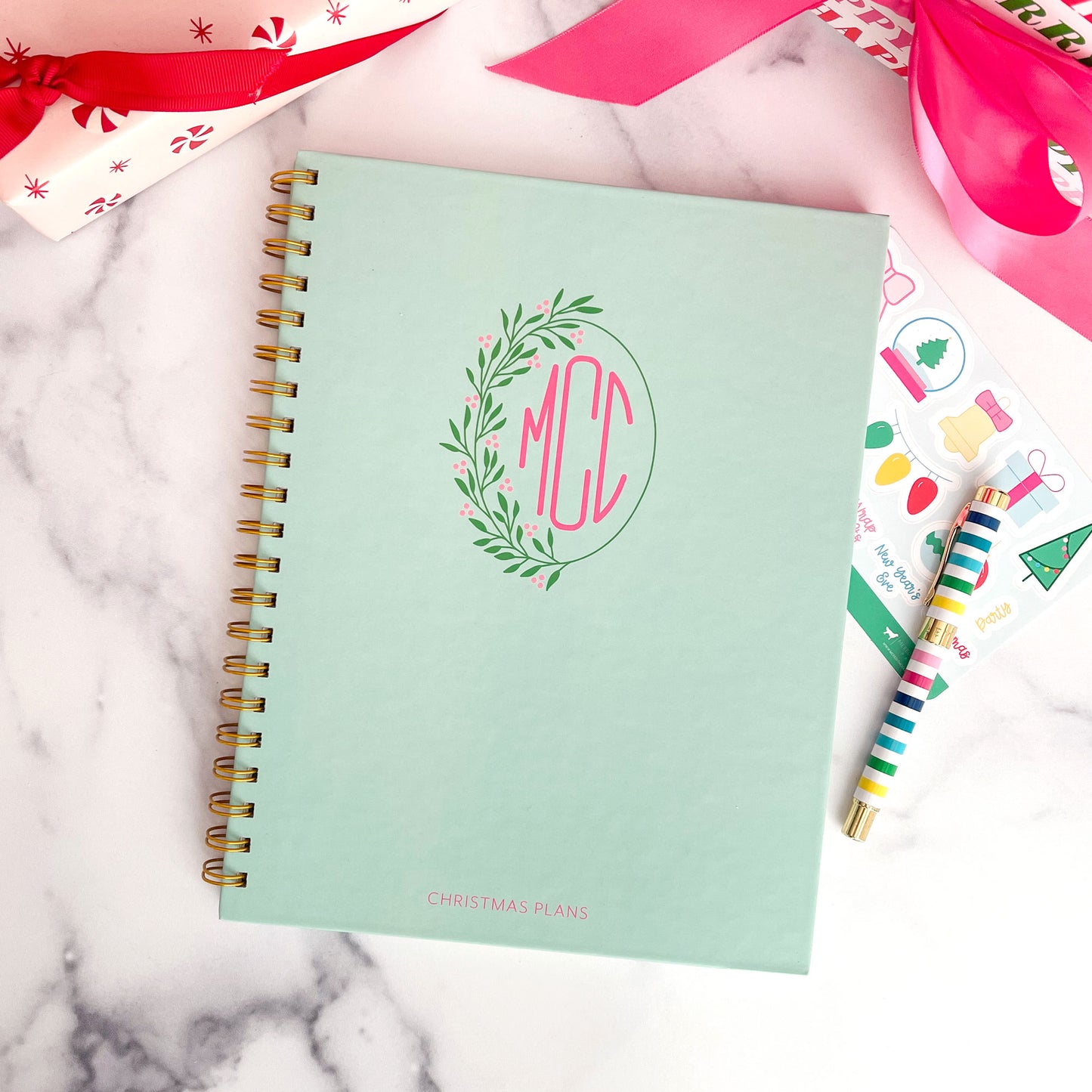 oval wreath three initial holiday monogram, hard cover 5 year christmas planner