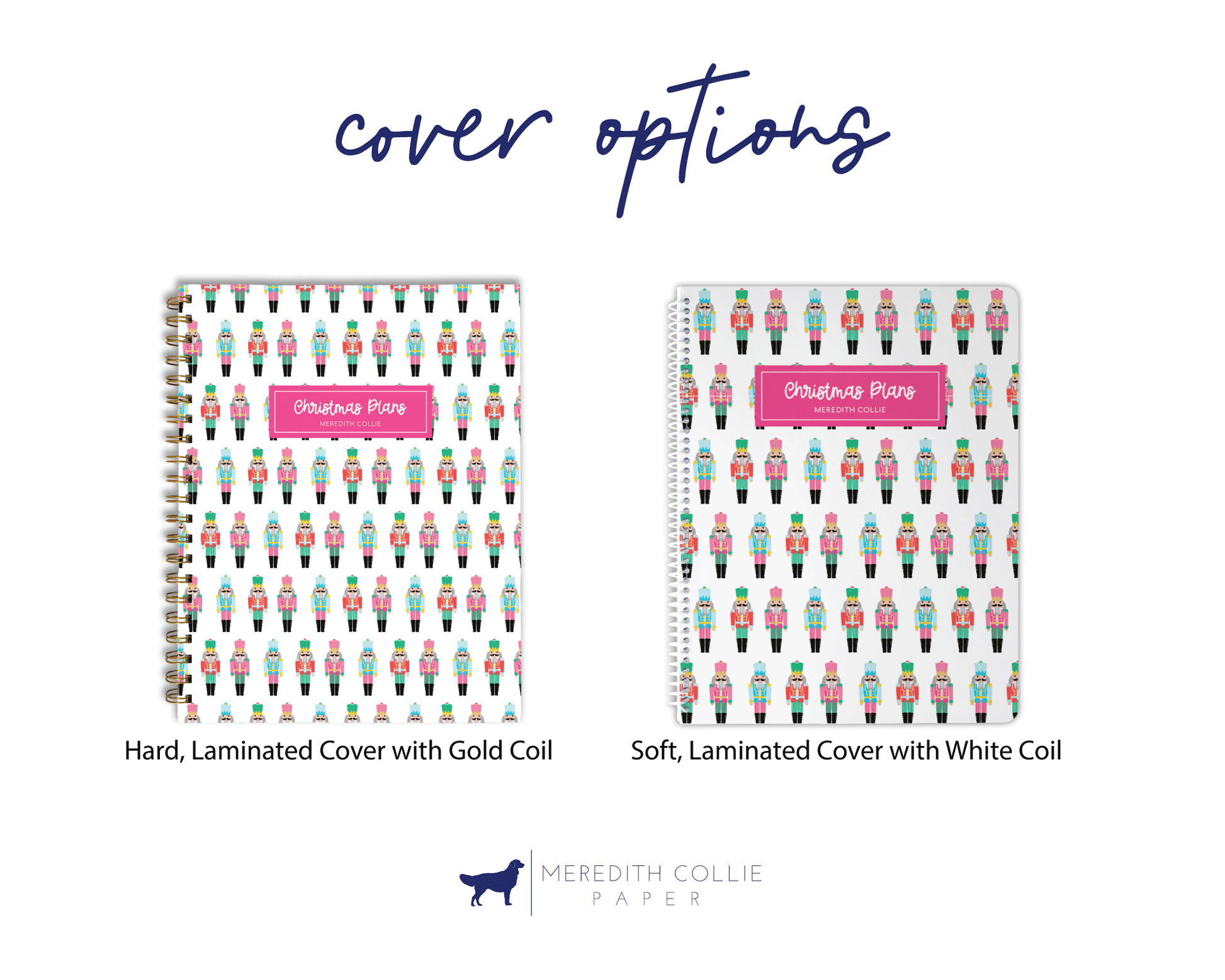 preppy Christmas pattern cover options, hardback cover gold coil, soft back cover white coil
