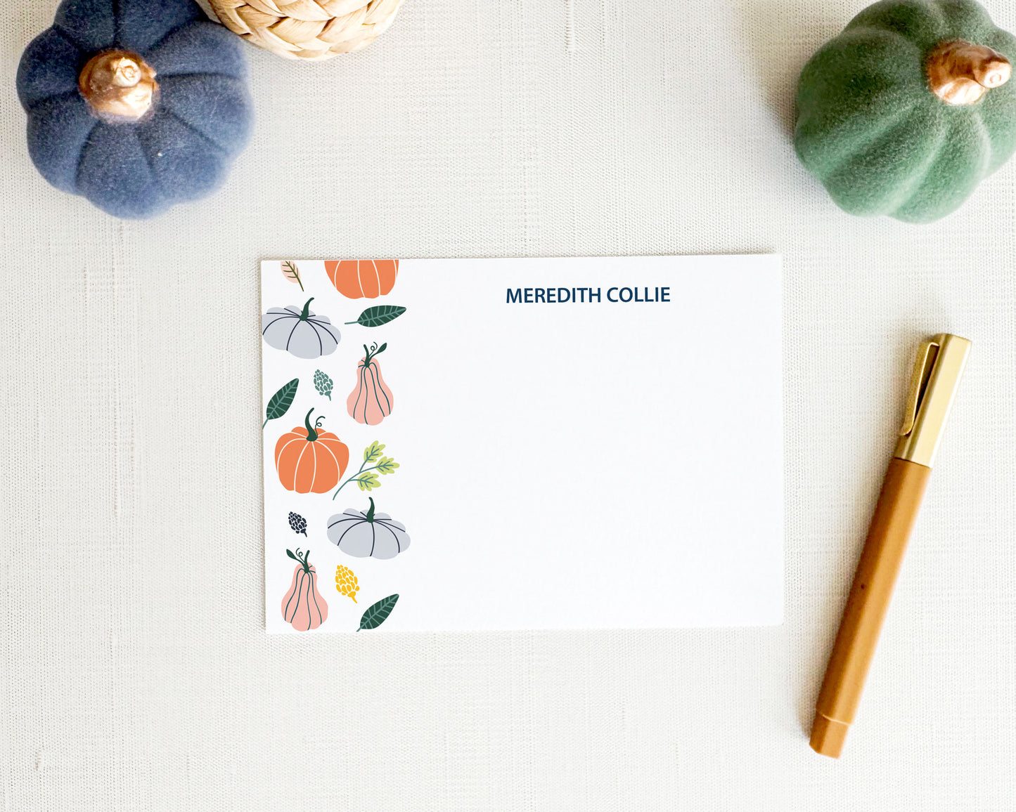Personalized fall stationery set with preppy pastel pumpkin design, custom name, and matching envelopes.