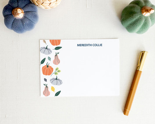 Personalized fall stationery set with preppy pastel pumpkin design, custom name, and matching envelopes.