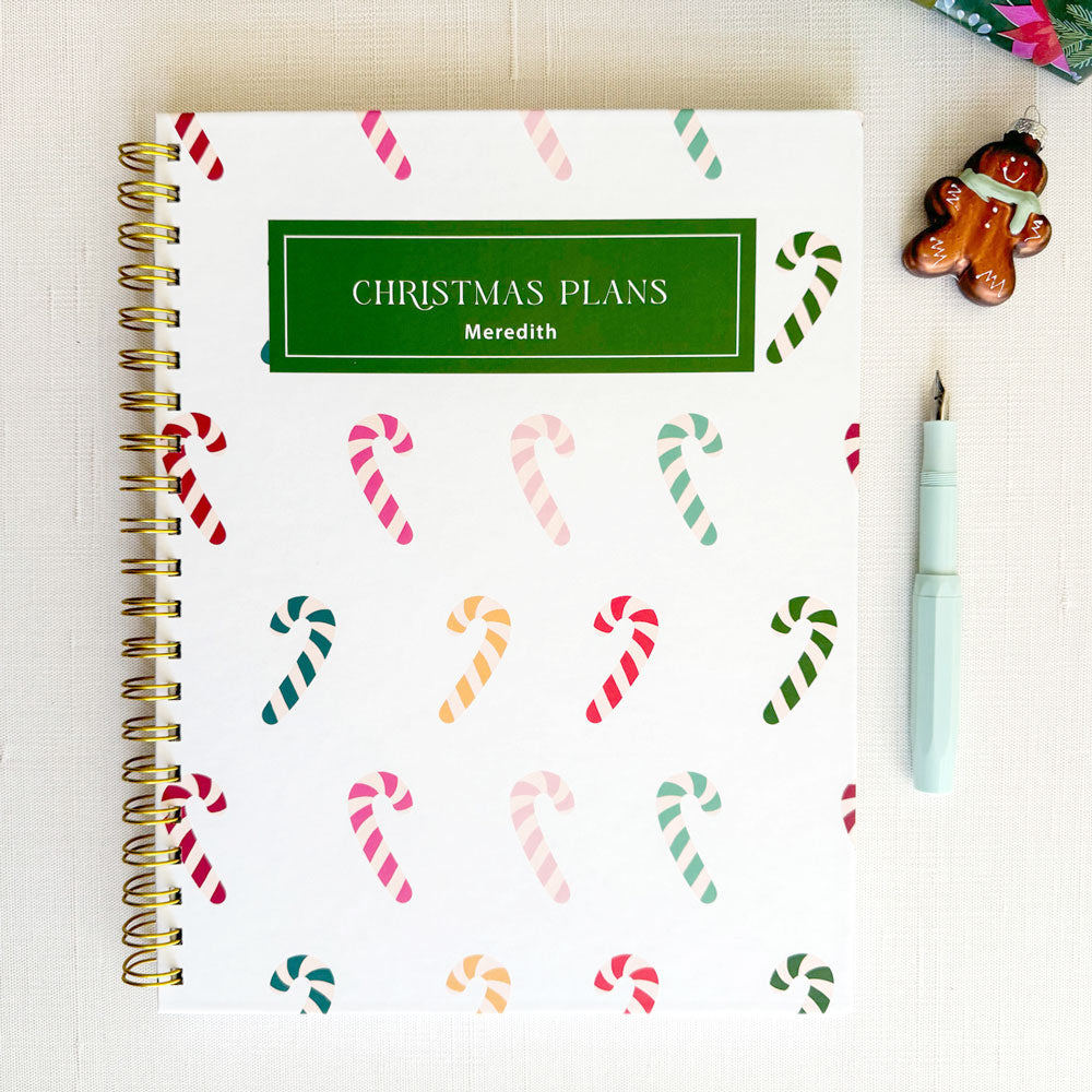 retro vintage inspired candy cane pattern, personalized christmas holiday planner, 5 year, hardback cover with gold coil binding