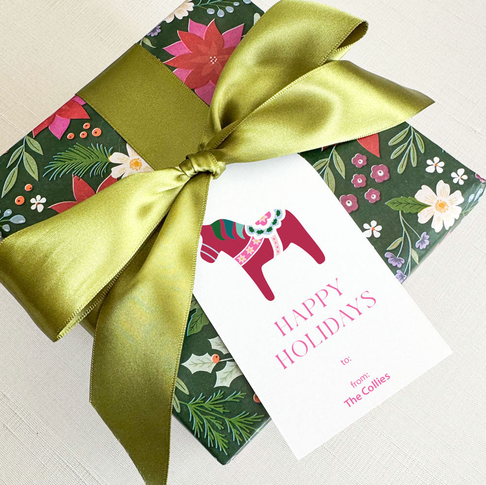 ruby red christmas dala horse, happy holidays, arched personalized gift tag