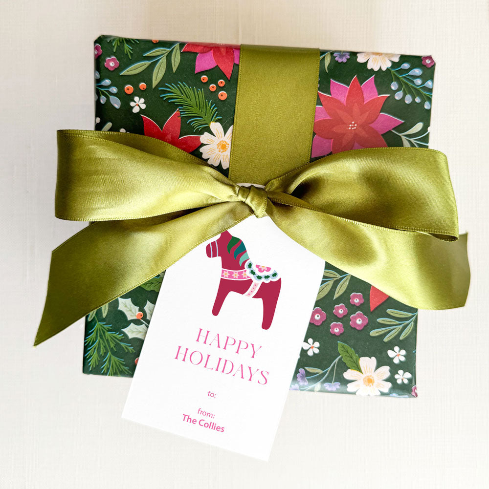 Personalized Jewel Tone Christmas Dala Horse Holiday Arched Gift Tags
