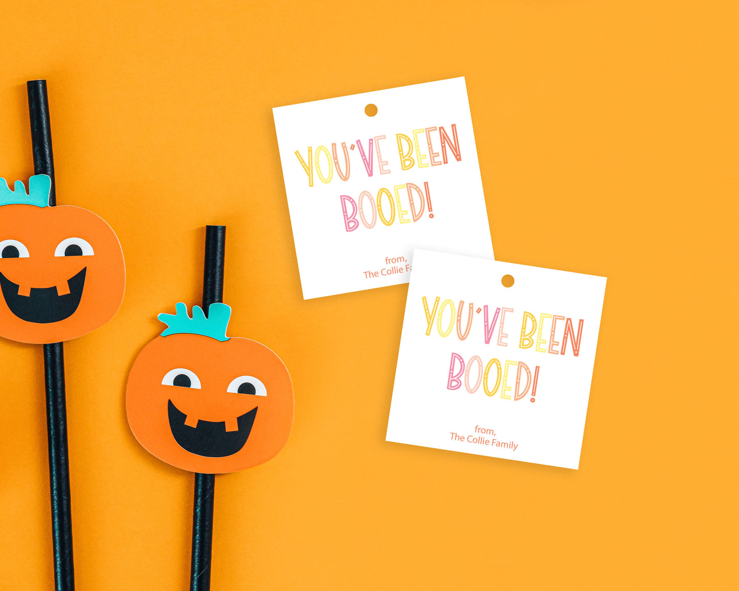 preppy halloween, you've been booed, personalized square gift tags
