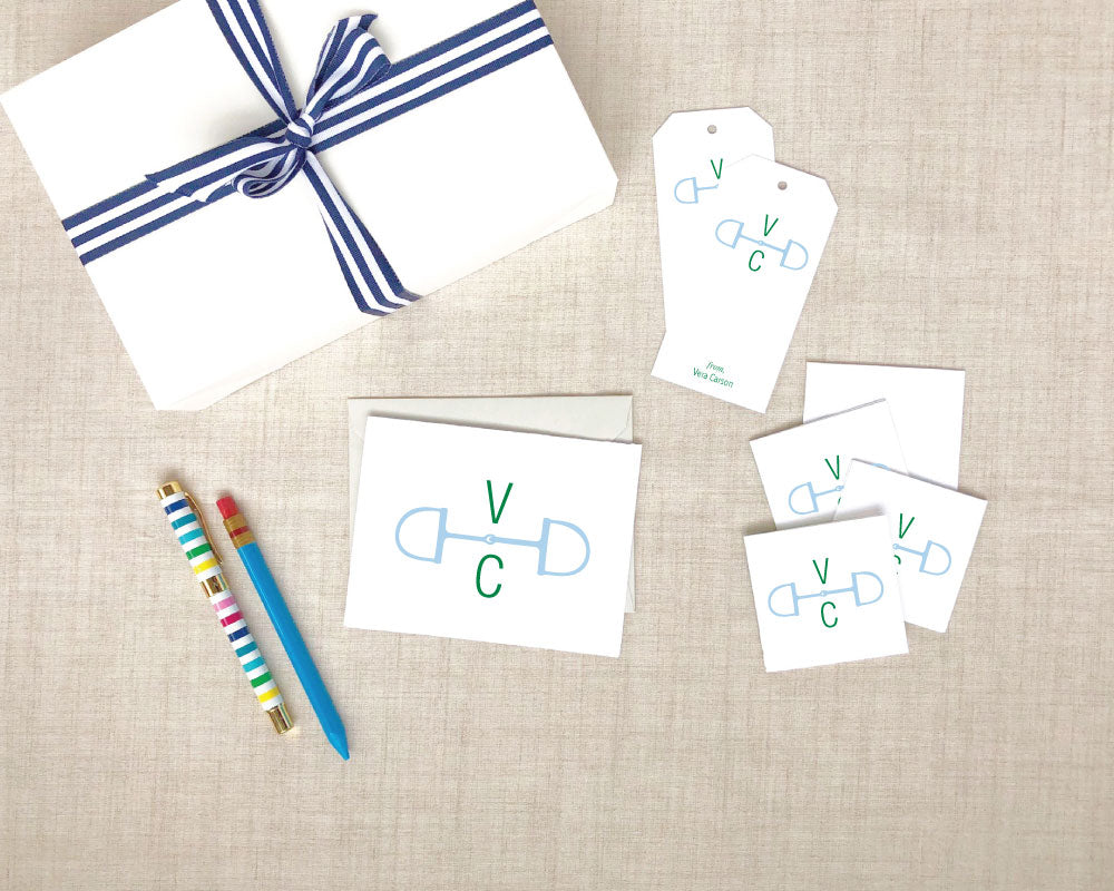 Two Letter Snaffle Bit Monogram Folded Stationery Gift Set - Medium / Meredith Collie Paper