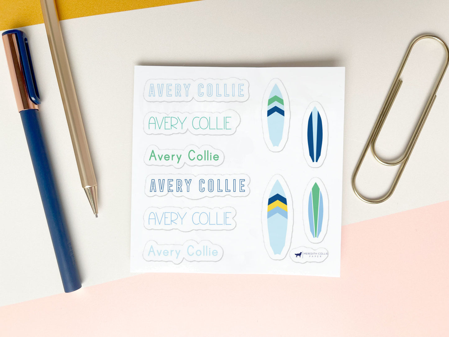 surfboard personalized name stickers for kids, ocean color, blue surfboards, block letters, Meredith Collie paper