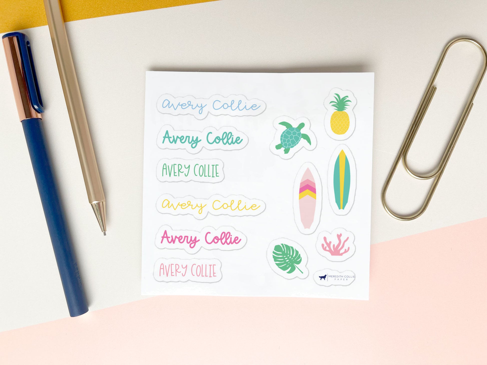 tropical themed stickers, personalized name stickers for kids, rainbow names, sea turtle, pineapple, surfboards, monstera leaf, coral, whimsical font, Meredith Collie paper
