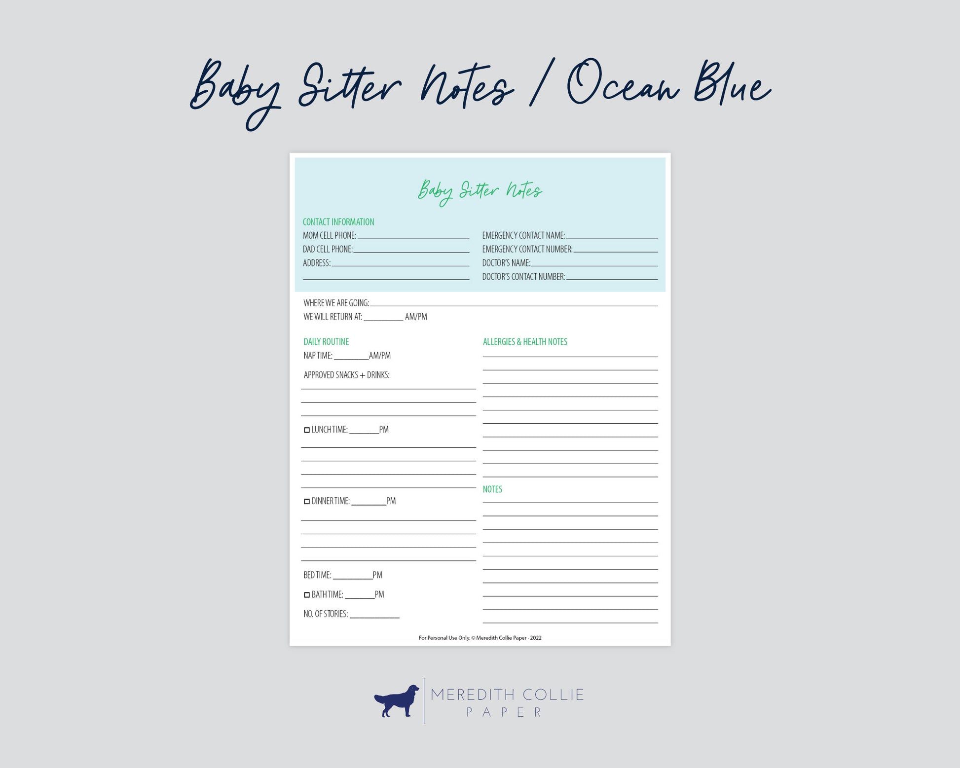 baby sitter notes, ocean blue, digital download, Meredith Collie paper