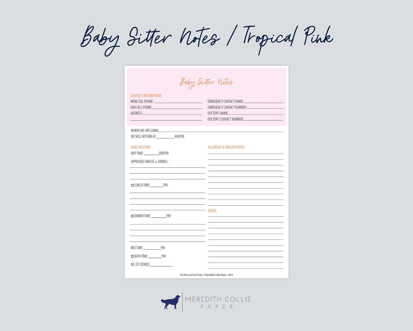 baby sitter notes, tropical pink, digital download, Meredith Collie paper