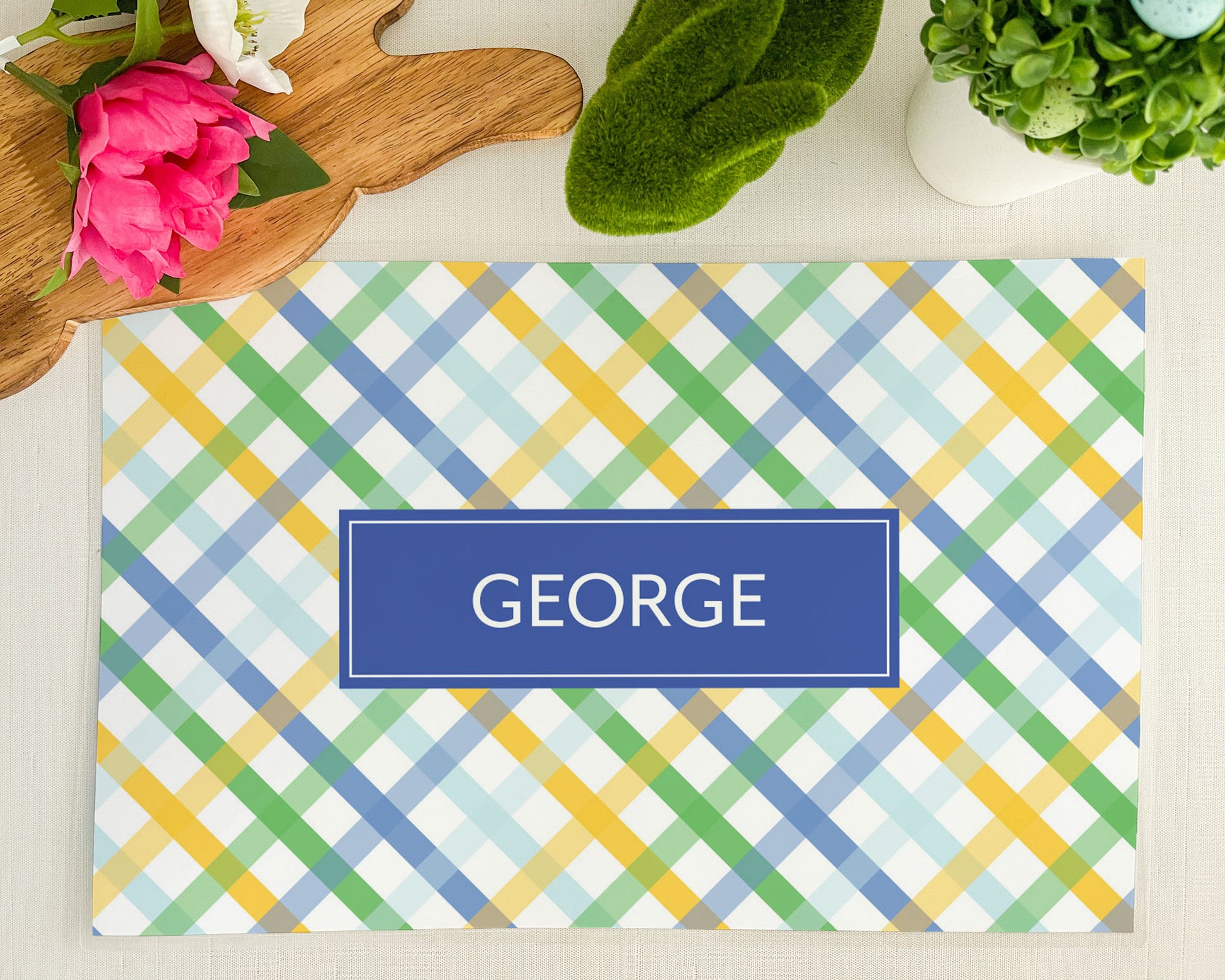Blue Green Yellow Spring Plaid Placemat, Personalized Laminated Placemat for kids, Easter placemat