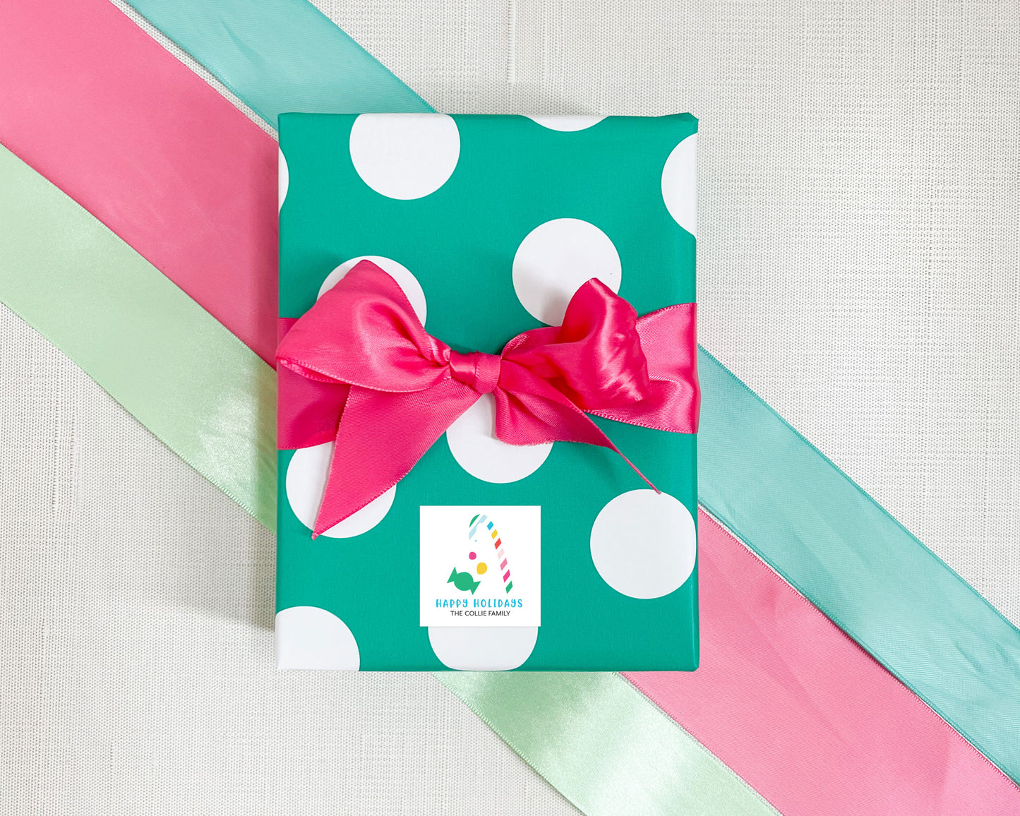 preppy christmas candy, personalized holiday gift stickers, present sticker, meredith collie paper, rainbow candy cane