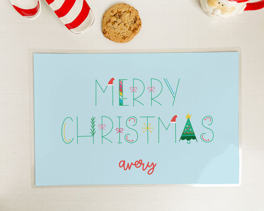 merry christmas text, personalized laminated placemat, meredith collie paper, holiday themed letters, preppy christmas decor
