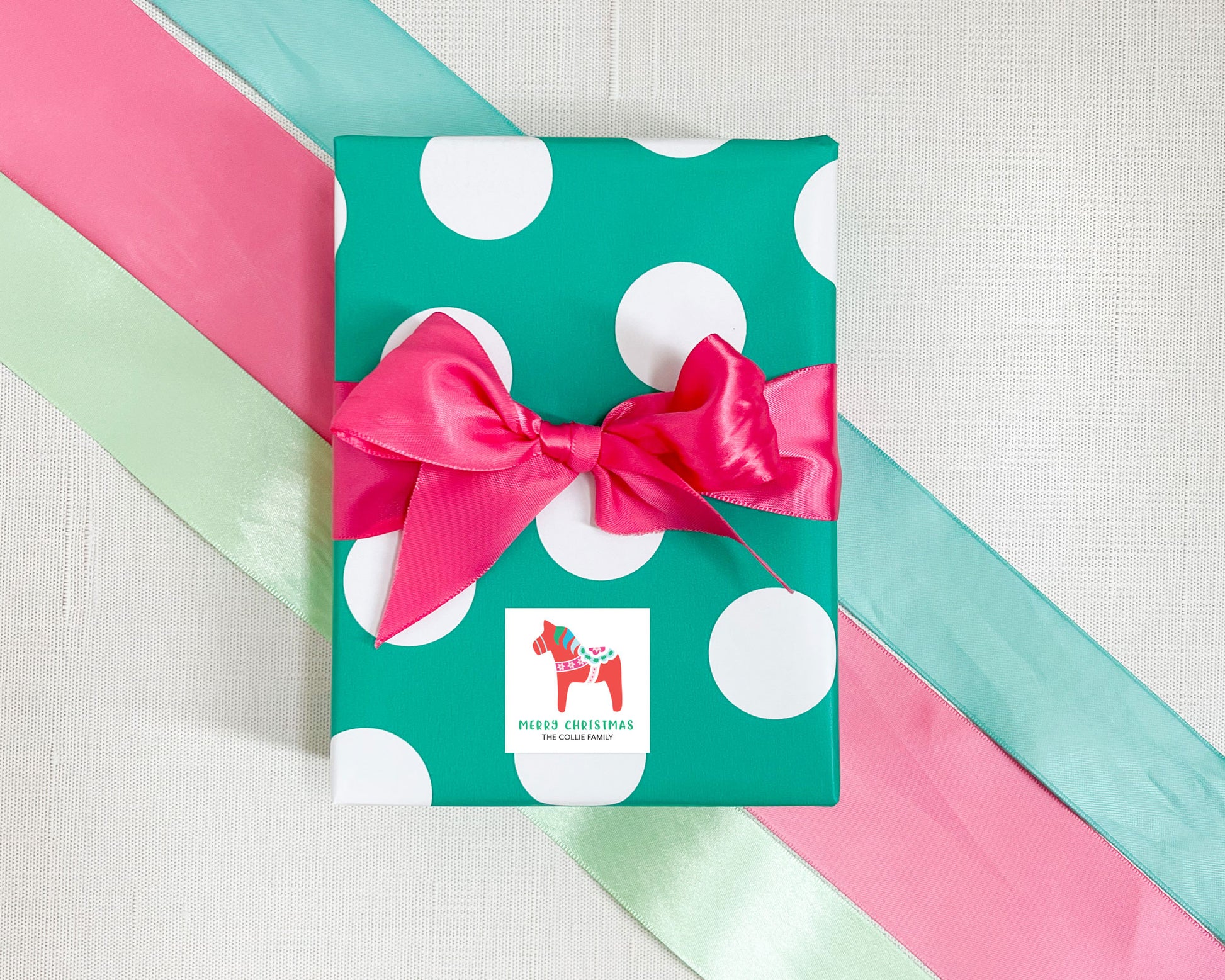 christmas dala horse, personalized present sticker, holiday sticker, meredith collie paper