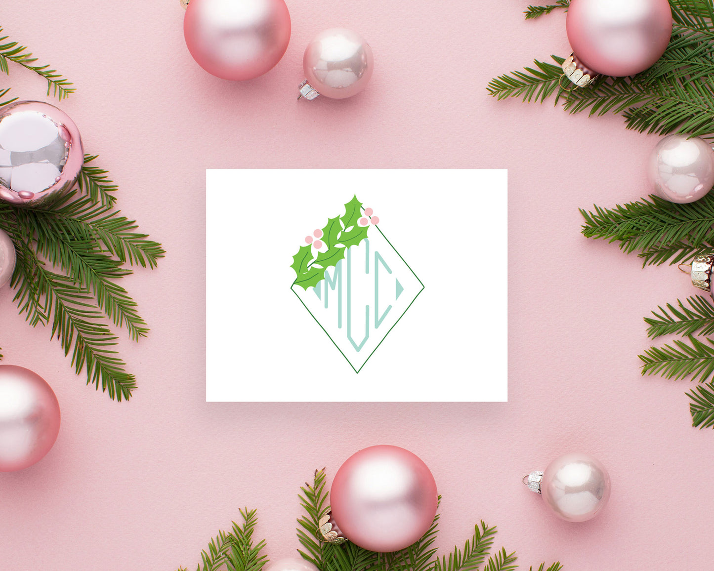 Diamond Holly Branch Holiday Monogram Folded Stationery