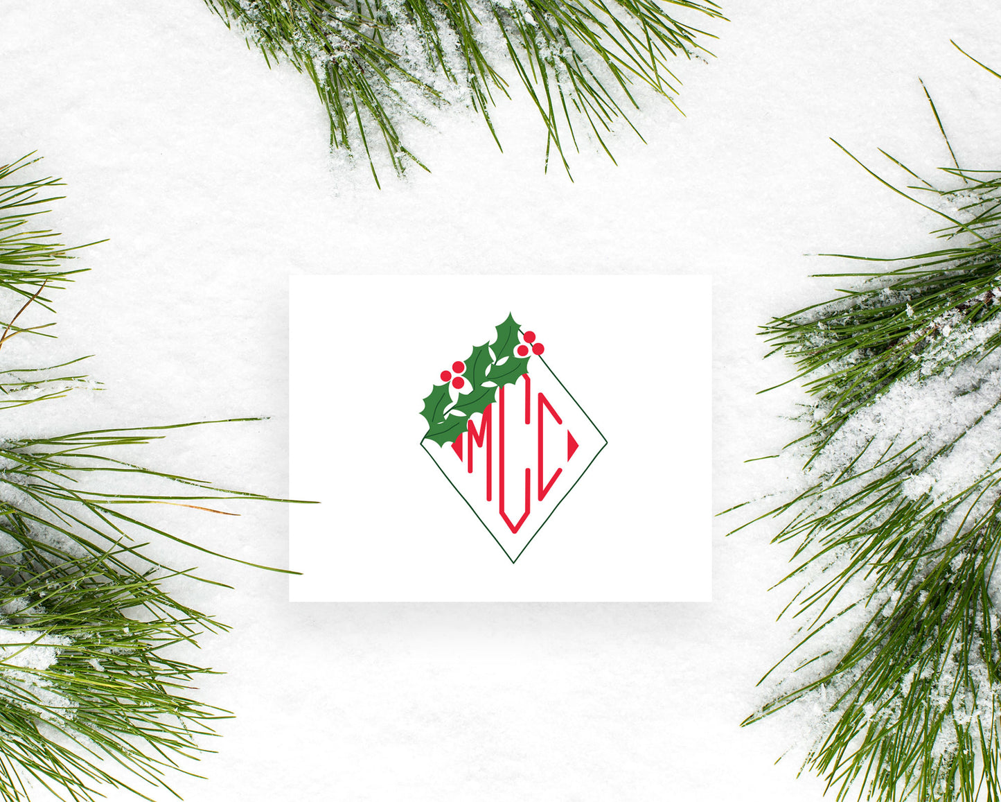 Diamond Holly Branch Holiday Monogram Folded Stationery