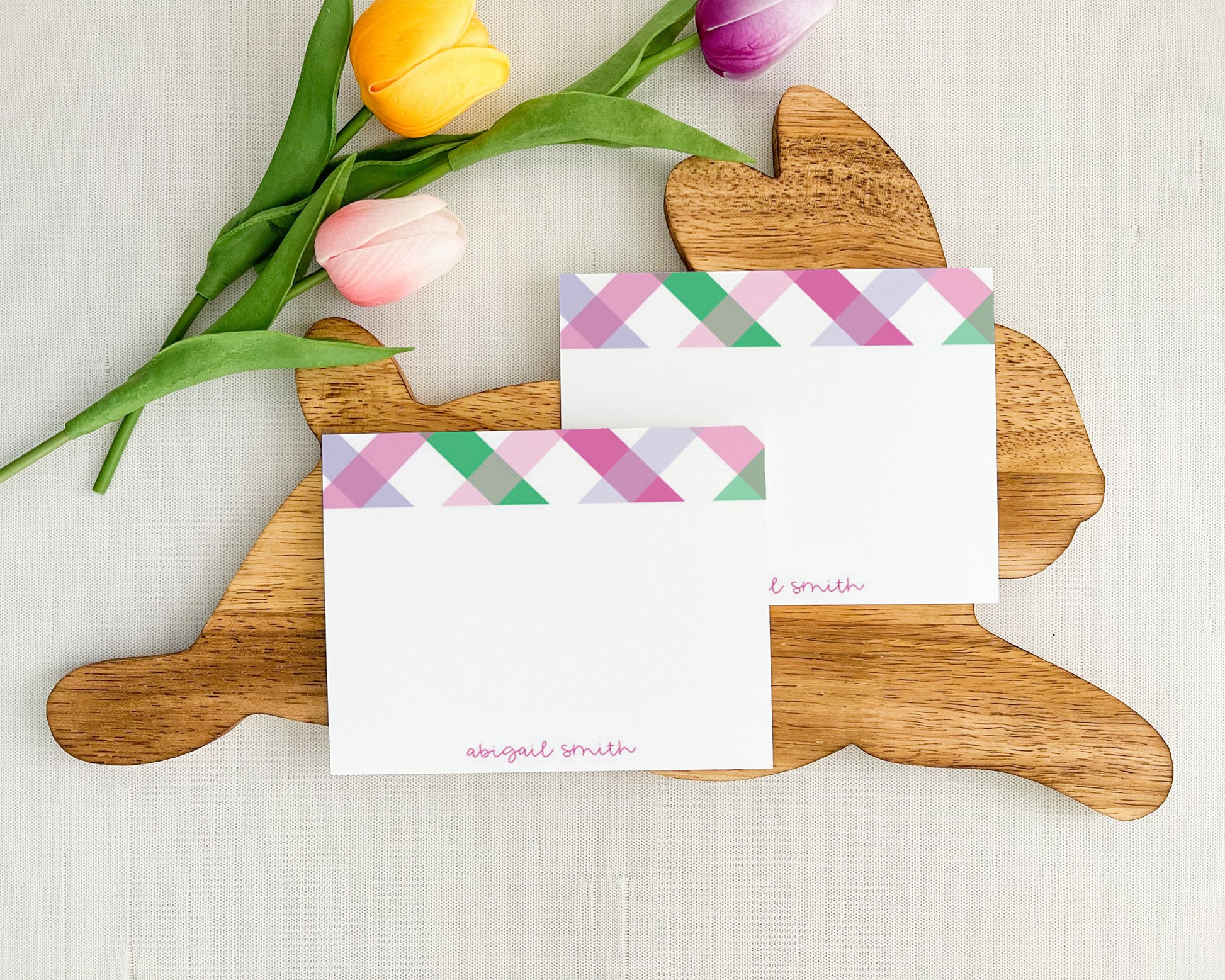 pink lavender plaid personalized note cards, spring stationery