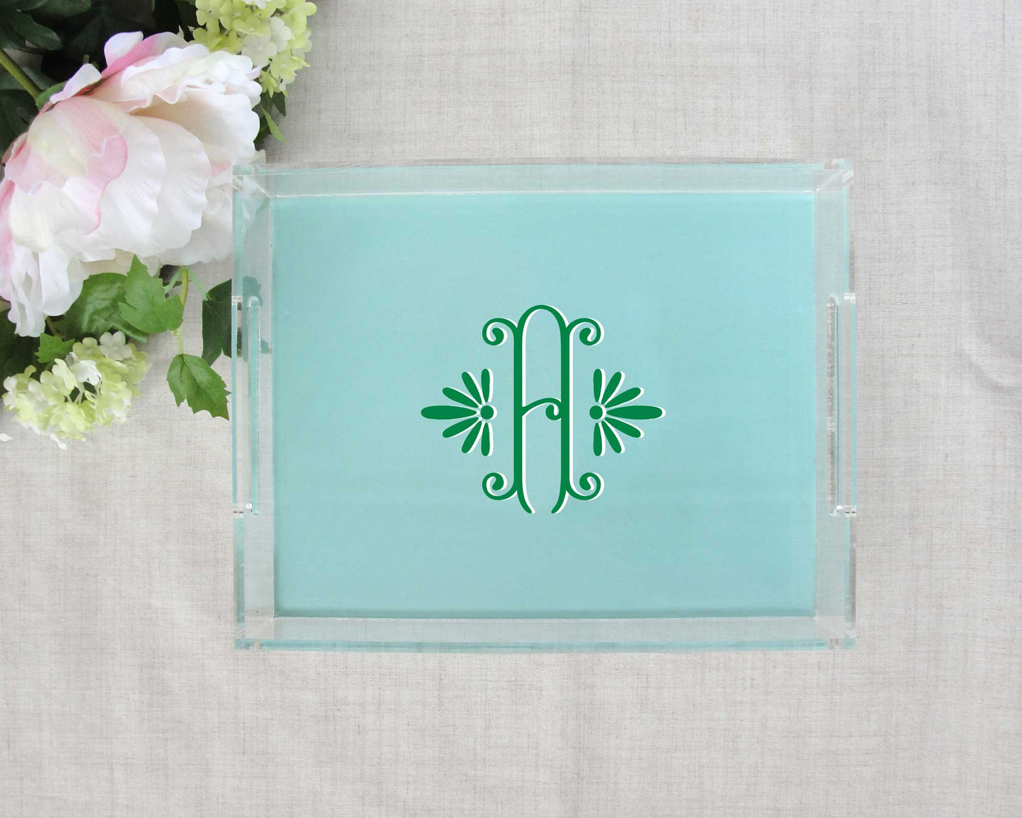 elegant single initial monogram, monogram lucite tray, medium acrylic tray with handles, meredith collie paper