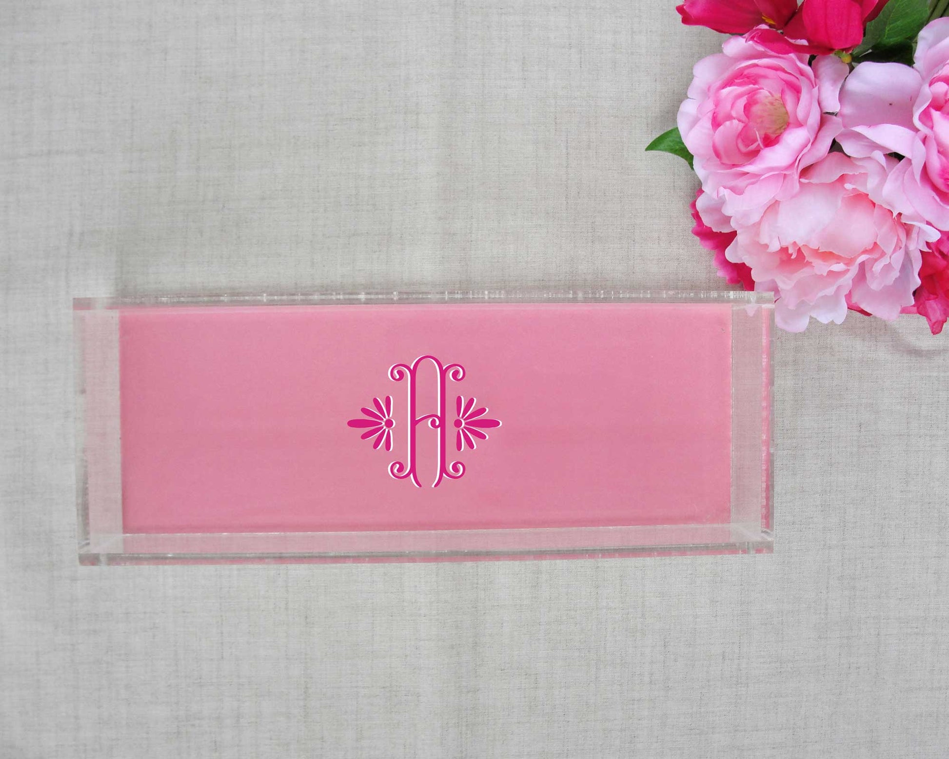 elegant single initial monogram, skinny lucite tray, personalized acrylic tray, meredith collie paper