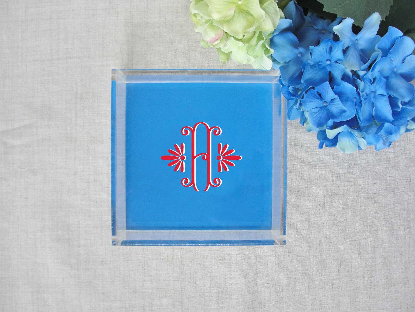 elegant single initial monogram, square lucite tray, small square acrylic tray, meredith collie paper, 6 inches square