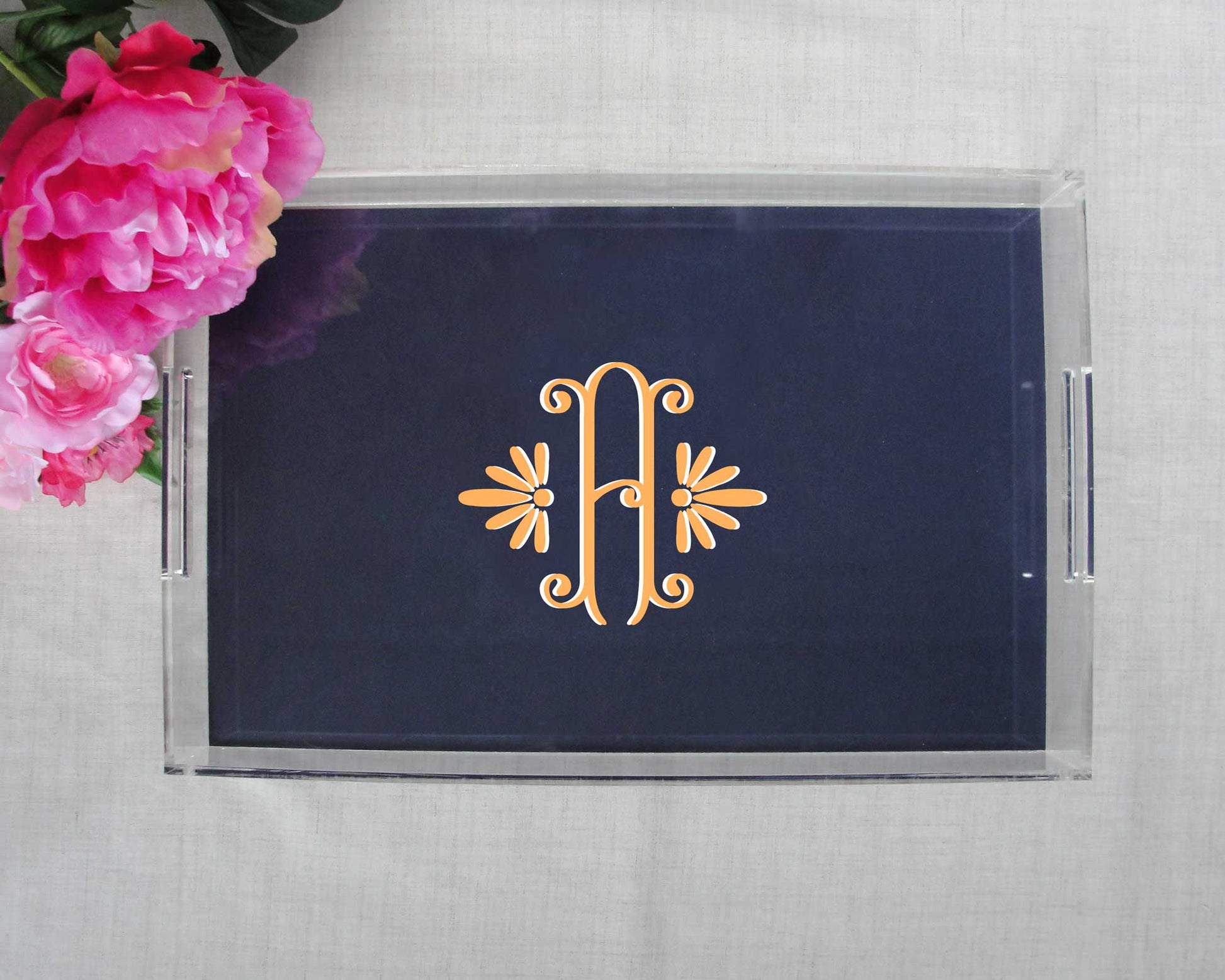 elegant single initial monogram, large lucite tray, monogram acrylic decorative tray, meredith collie paper