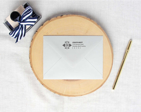 elegant single initial monogram, personalized return address stamp, meredith collie paper, wood mounted or self inking 