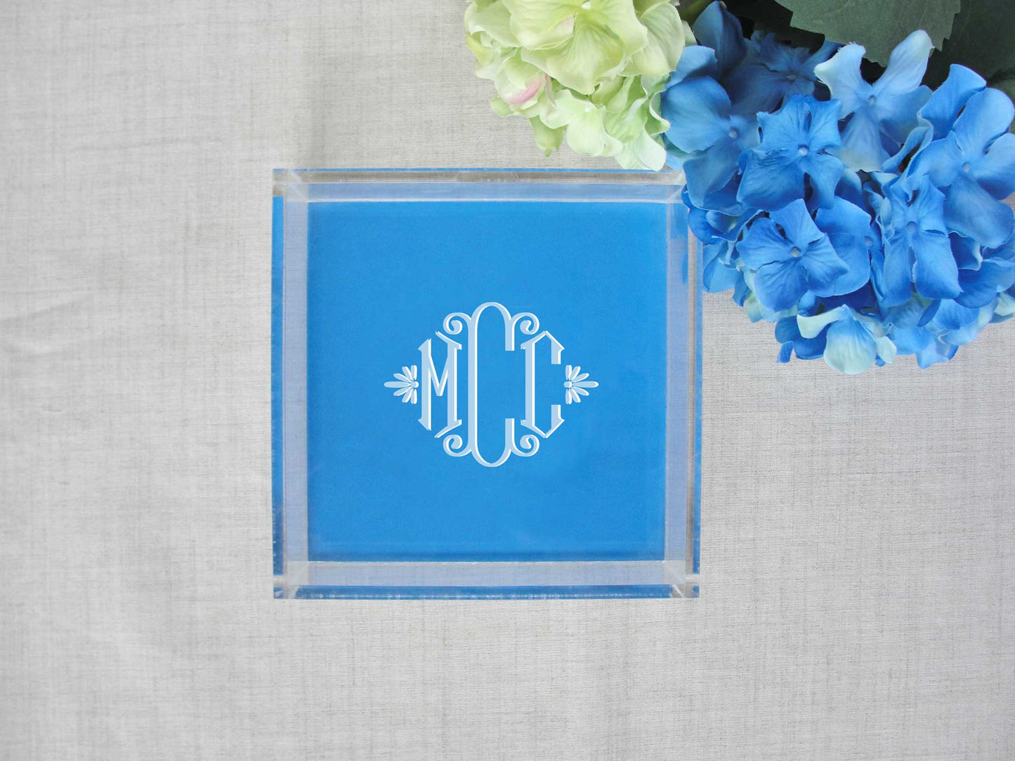 elegant three initial monogram, square lucite tray, monogram acrylic tray, meredith collie paper