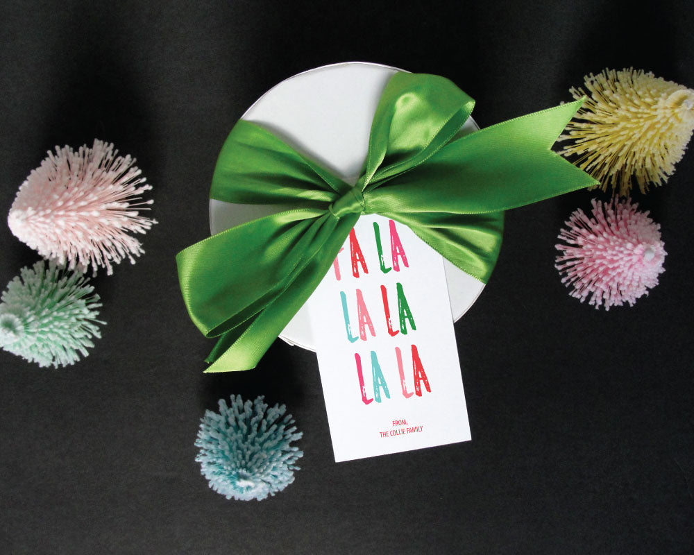 Fa La La Holiday Gift Tags, whimsical type, multi colored, meredith collie paper