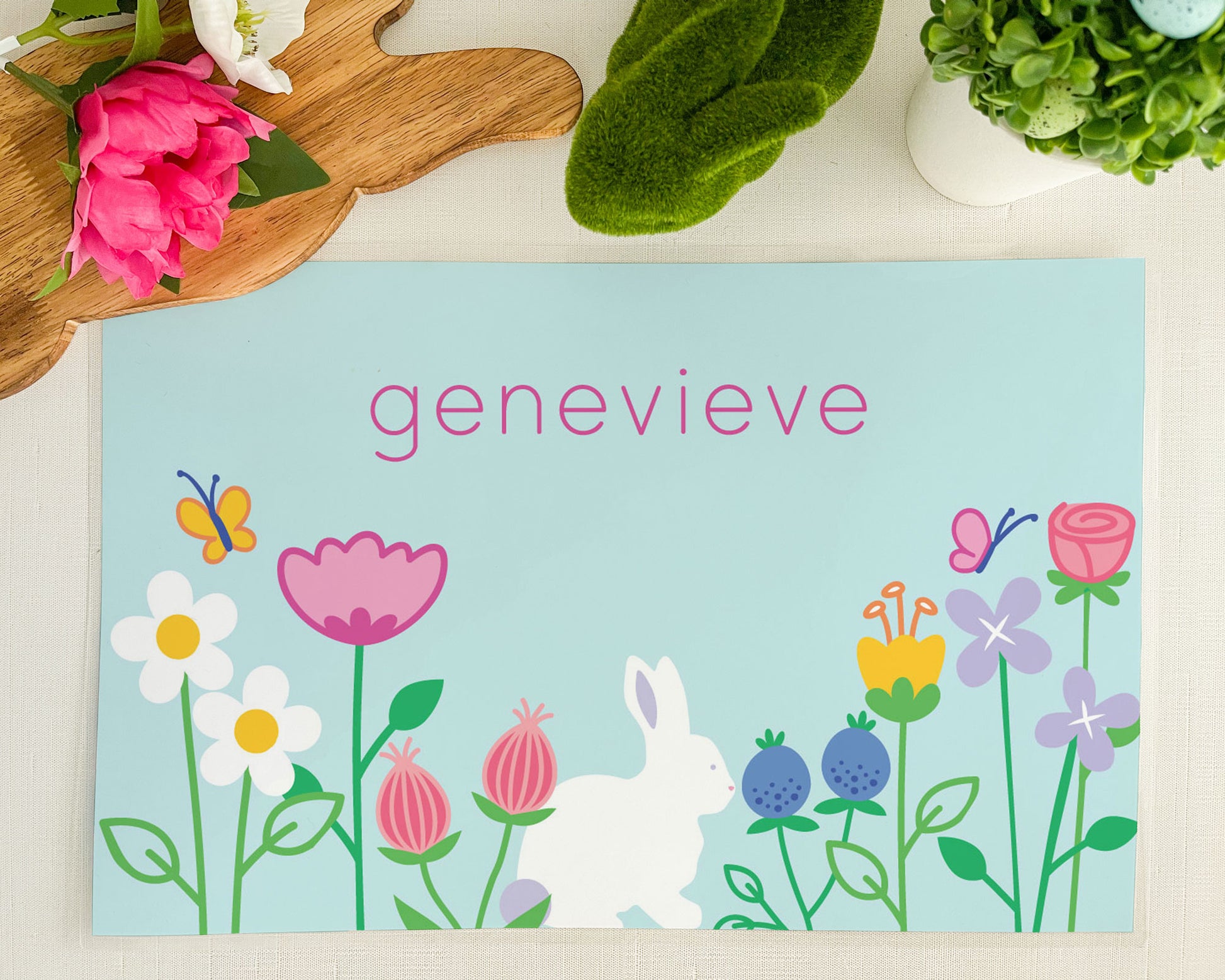 spring garden personalized laminated placemat for kids, easter bunny, preppy butterflies