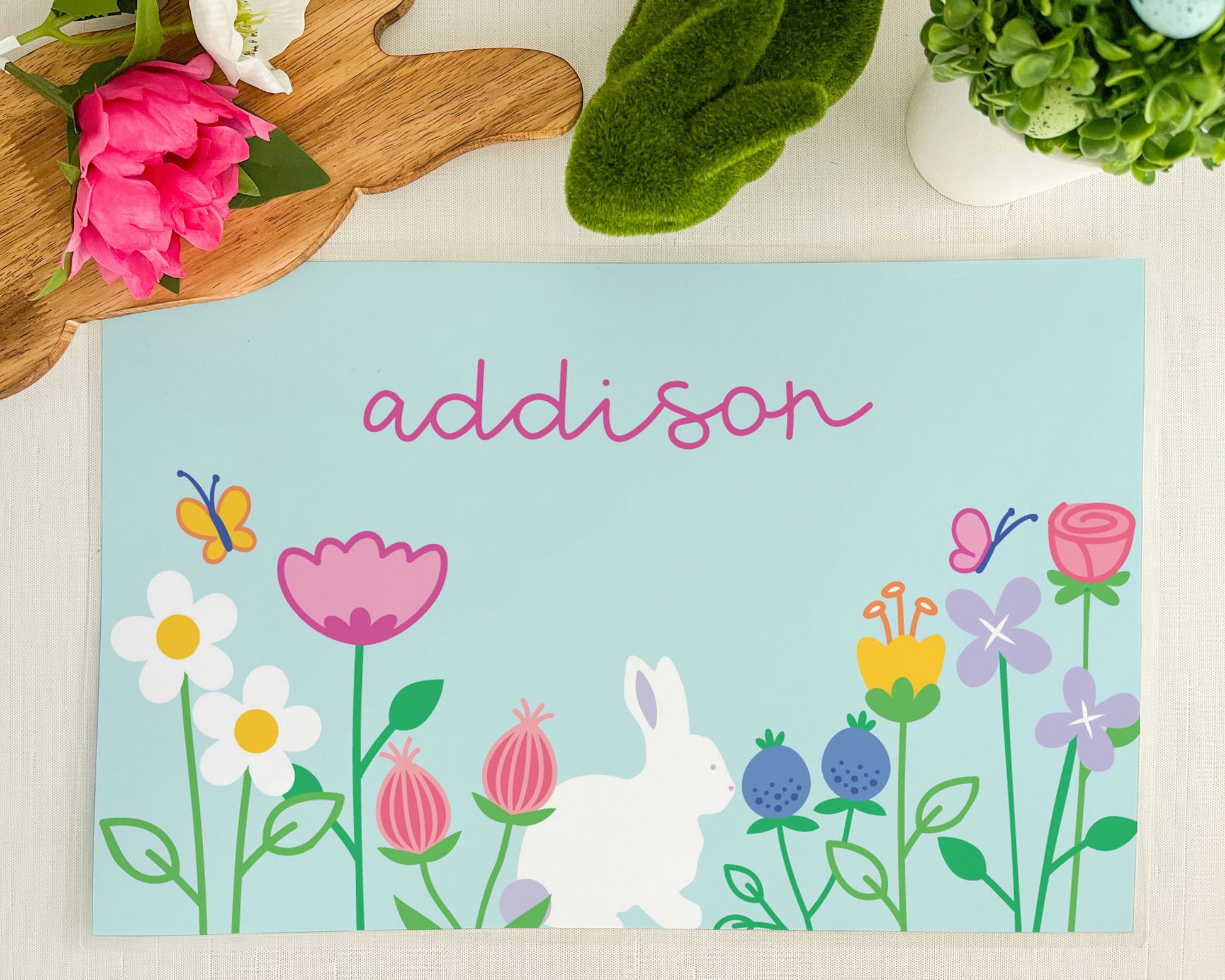 spring garden placemat, cursive font personalization, white easter bunny, preppy butterflies